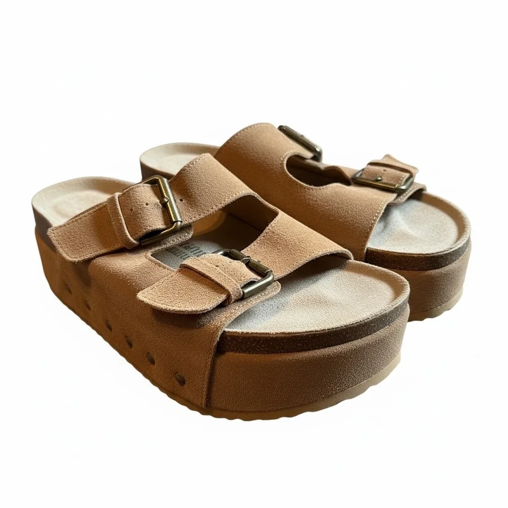 Tan Suede Double Buckle Platform Slide Sandals Brown Chunky Studded Sole 10